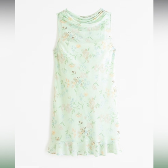 NEW Abercrombie Fitch Sz L High Neck Chiffon Mini Dress In Light Green Floral - Picture 3 of 11